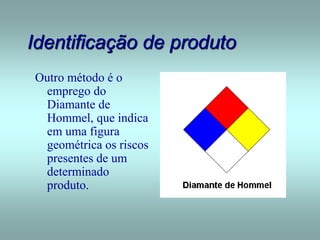Identificação de produto
Outro método é o
emprego do
Diamante de
Hommel, que indica
em uma figura
geométrica os riscos
presentes de um
determinado
produto.
 