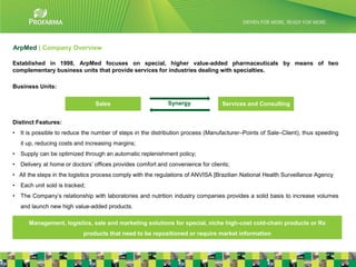 ArpMed | Company Overview

Established in 1998, ArpMed focuses on special, higher value-added pharmaceuticals by means of two
complementary business units that provide services for industries dealing with specialties.

Business Units:

                                 Sales                       Synergy               Services and Consulting


Distinct Features:
•   It is possible to reduce the number of steps in the distribution process (Manufacturer–Points of Sale–Client), thus speeding
    it up, reducing costs and increasing margins;
•   Supply can be optimized through an automatic replenishment policy;
•   Delivery at home or doctors’ offices provides comfort and convenience for clients;
• All the steps in the logistics process comply with the regulations of ANVISA [Brazilian National Health Surveillance Agency
•   Each unit sold is tracked;
•   The Company’s relationship with laboratories and nutrition industry companies provides a solid basis to increase volumes
    and launch new high value-added products.

       Management, logistics, sale and marketing solutions for special, niche high-cost cold-chain products or Rx
                             products that need to be repositioned or require market information
                                                                                                                                   7
 