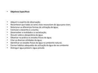 Objetivos Específicos Adquirir o espírito de observação; Reconhecer que todos os seres vivos necessitam de água para viver; Relacionar as diferenças formas de utilização da água; Estimular o desenho e a escrita; Desenvolver a oralidade e a socialização; Discutir sobre o desperdício da água. Observar na prática os estados físicos da água; Citar as diversas utilidades da água; Identificar os estados físicos da água no ambiente natural; Formar hábitos adequados de utilização da água de seu ambiente Distinguir água potável e água poluída 