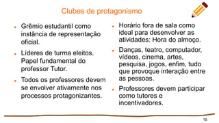 Clubes de protagonismo
 Grêmio estudantil como
instância de representação
oficial.
 Líderes de turma eleitos.
Papel fundamental do
professor Tutor.
 Todos os professores devem
se envolver ativamente nos
processos protagonizantes.
 Horário fora de sala como
ideal para desenvolver as
atividades: Hora do almoço.
 Danças, teatro, computador,
vídeos, cinema, artes,
pesquisa, jogos, enfim, tudo
que provoque interação entre
as pessoas.
 Professores devem participar
como tutores e
incentivadores.
15
 