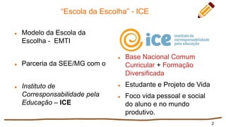 “Escola da Escolha” - ICE
 Modelo da Escola da
Escolha - EMTI
 Parceria da SEE/MG com o
 Instituto de
Corresponsabilidade pela
Educação – ICE
 Base Nacional Comum
Curricular + Formação
Diversificada
 Estudante e Projeto de Vida
 Foco vida pessoal e social
do aluno e no mundo
produtivo.
2
 