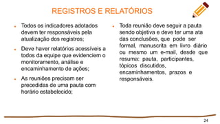 REGISTROS E RELATÓRIOS
 Todos os indicadores adotados
devem ter responsáveis pela
atualização dos registros;
 Deve haver relatórios acessíveis a
todos da equipe que evidenciem o
monitoramento, análise e
encaminhamento de ações;
 As reuniões precisam ser
precedidas de uma pauta com
horário estabelecido;
 Toda reunião deve seguir a pauta
sendo objetiva e deve ter uma ata
das conclusões, que pode ser
formal, manuscrita em livro diário
ou mesmo um e-mail, desde que
resuma: pauta, participantes,
tópicos discutidos,
encaminhamentos, prazos e
responsáveis.
24
 