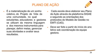 PLANO DE AÇÃO
 É a materialização de um sonho
coletivo, do Projeto de Vida de
uma comunidade, no qual
estudantes, educadores e gestores
se utilizam da mesma linguagem
e dos mesmos instrumentos para
planejar, definir metas, gerenciar
suas atividades e avaliar seus
resultados.
28
 Cada escola deve elaborar seu Plano
de Ação através da plataforma SIGAE
e seguindo as orientações dos
protocolos do Modelo de Gestão no
EMTI (CdG).
 Deve ser feito a partir do início do ano
letivo sob coordenação da equipe
gestora.
 