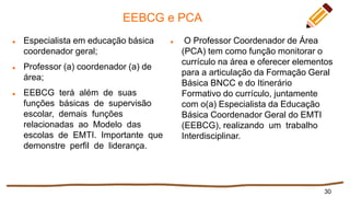 EEBCG e PCA
 Especialista em educação básica
coordenador geral;
 Professor (a) coordenador (a) de
área;
 EEBCG terá além de suas
funções básicas de supervisão
escolar, demais funções
relacionadas ao Modelo das
escolas de EMTI. Importante que
demonstre perfil de liderança.
30
 O Professor Coordenador de Área
(PCA) tem como função monitorar o
currículo na área e oferecer elementos
para a articulação da Formação Geral
Básica BNCC e do Itinerário
Formativo do currículo, juntamente
com o(a) Especialista da Educação
Básica Coordenador Geral do EMTI
(EEBCG), realizando um trabalho
Interdisciplinar.
 