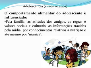 Adolescência (12 aos 20 anos)
O comportamento alimentar do adolescente é
influenciado:
•Pela família, as atitudes dos amigos, as regras e
valores sociais e culturais, as informações trazidas
pela mídia, por conhecimentos relativos a nutrição e
ate mesmo por “manias”.
 