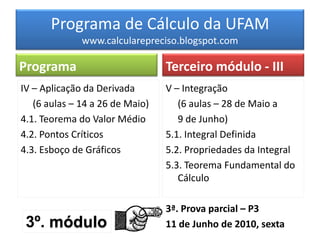 Programa de Cálculo da UFAM
              www.calcularepreciso.blogspot.com

Programa                         Terceiro módulo - III
IV – Aplicação da Derivada       V – Integração
   (6 aulas – 14 a 26 de Maio)      (6 aulas – 28 de Maio a
4.1. Teorema do Valor Médio         9 de Junho)
4.2. Pontos Críticos             5.1. Integral Definida
4.3. Esboço de Gráficos          5.2. Propriedades da Integral
                                 5.3. Teorema Fundamental do
                                    Cálculo

                                 3ª. Prova parcial – P3
 3º. módulo                      11 de Junho de 2010, sexta
 
