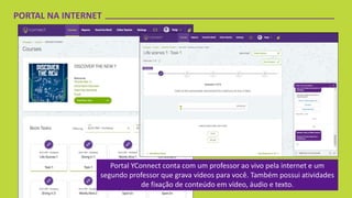 PORTAL NA INTERNET
Portal YConnect conta com um professor ao vivo pela internet e um
segundo professor que grava vídeos para você. Também possui atividades
de fixação de conteúdo em vídeo, áudio e texto.
 