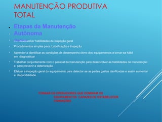 MANUTENÇÃO PRODUTIVA
TOTAL
●
● Etapas da Manutenção
Autônoma
5 – Desenvolver habilidades de inspeção geral
●
Objetivos:
●
Procedimentos simples para: Lubrificação e Inspeção
●
Aprender a identificar as condições de desempenho ótimo dos equipamentos e tornar-se hábil
em diagnosticar
●
Trabalhar conjuntamente com o pessoal da manutenção para desenvolver as habilidades de manutenção
e para prevenir a deterioração
●
Efetuar a inspeção geral do equipamento para detectar se as partes gastas danificadas e assim aumentar
a disponibilidade
TORNAR OS OPERADORES QUE DOMINAM OS
EQUIPAMENTOS CAPAZES DE ESTABELECER
CONDIÇÕES
 