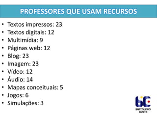 PROFESSORES QUE USAM RECURSOS
•
•
•
•
•
•
•
•
•
•
•

Textos impressos: 23
Textos digitais: 12
Multimídia: 9
Páginas web: 12
Blog: 23
Imagem: 23
Vídeo: 12
Áudio: 14
Mapas conceituais: 5
Jogos: 6
Simulações: 3

 