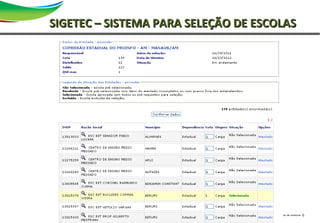 6Primeira reunião de diretoriaSAO
SIGETEC – SISTEMA PARA SELEÇÃO DE ESCOLASSIGETEC – SISTEMA PARA SELEÇÃO DE ESCOLAS
 