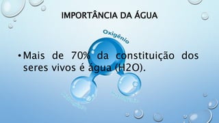 IMPORTÂNCIA DA ÁGUA
• Mais de 70% da constituição dos
seres vivos é água (H2O).
 