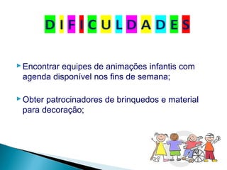 Encontrar equipes de animações infantis com
agenda disponível nos fins de semana;
Obter patrocinadores de brinquedos e material
para decoração;
 