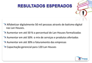 Alfabetizar digitalmente 50 mil pessoas através de batismo digital
nas Lan Houses.
Aumentar em até 50 % o percentual de Lan Houses formalizadas
Aumentar em até 50% o mix de serviços e produtos ofertados
Aumentar em até 30% o faturamento das empresas
Capacitação gerencial para 120 Lan Houses
 