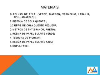 MATERIAIS
6 FOLHAS DE E.V.A. (VERDE, MARRON, VERMELHO, LARANJA,
AZUL, AMARELO) ;
2 PISTOLA DE COLA QUENTE ;
10 REFIS DE COLA QUENTE PEQUENA;
2 METROS DE TNT(BRANCO, PRETO);
1 RESMA DE PAPEL SULFITE VERDE;
4 TESOURA DE PICOTAR;
1 RESMA DE PAPEL SULFITE AZUL;
5 DUPLA FACE;
 