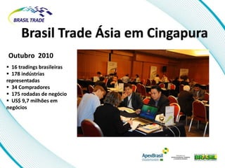 Brasil Trade Ásia em Cingapura
Outubro 2010
 16 tradings brasileiras
 178 indústrias
representadas
 34 Compradores
 175 rodadas de negócio
 US$ 9,7 milhões em
negócios
 