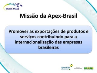 Missão da Apex-Brasil

Promover as exportações de produtos e
      serviços contribuindo para a
   internacionalização das empresas
               brasileiras
 