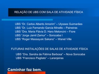 RELAÇÃO DE UBS COM SALA DE ATIVIDADE FÍSICA UBS “Dr. Carlos Alberto Amorim” – Ulysses Guimarães UBS “Dr. Luiz Fernando Garcia Minello – Paineiras UBS “Dra. Maria Flávia D. Haro Meloncini – Fiore UBS “Jorge Jamil Zamur” – Sorocaba I UBS “Roger Massayuki Sakano” – Wanel Ville FUTURAS INSTALAÇÕES DE SALAS DE ATIVIDADE FÍSICA UBS “Dra. Sandra de Fátima Barbosa” – Nova Sorocaba UBS “Francisco Pagliato” – Laranjeiras 