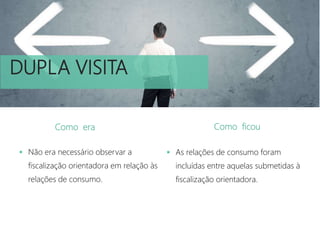 DUPLA VISITA
Como era
 Não era necessário observar a
fiscalização orientadora em relação às
relações de consumo.
Como ficou
 As relações de consumo foram
incluídas entre aquelas submetidas à
fiscalização orientadora.
 