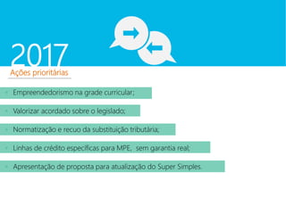 2017Ações prioritárias
 Empreendedorismo na grade curricular;
 Valorizar acordado sobre o legislado;
 Normatização e recuo da substituição tributária;
 Linhas de crédito específicas para MPE, sem garantia real;
 Apresentação de proposta para atualização do Super Simples.
 
