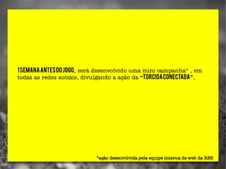 1 semana antes do jogo, será desenvolvido uma mini campanha* , em
todas as redes sociais, divulgando a ação da “torcida conectada” .




                            *ação desenvolvida pela equipe interna de web da RBS
 