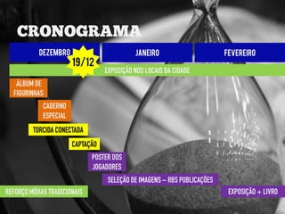 DEZEMBRO                          JANEIRO                       FEVEREIRO
                        19/12
                                   EXPOSIÇÃO NOS LOCAIS DA CIDADE
   ÁLBUM DE
  FIGURINHAS
             CADERNO
             ESPECIAL
         TORCIDA CONECTADA
                        CAPTAÇÃO
                              POSTER DOS
                              JOGADORES
                                    SELEÇÃO DE IMAGENS – RBS PUBLICAÇÕES
REFORÇO MÍDIAS TRADICIONAIS                                                 EXPOSIÇÃO + LIVRO
 