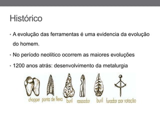 Histórico
• A evolução das ferramentas é uma evidencia da evolução

 do homem.

• No período neolítico ocorrem as maiores evoluções

• 1200 anos atrás: desenvolvimento da metalurgia
 