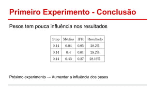 Primeiro Experimento - Conclusão 
Pesos tem pouca influência nos resultados 
Próximo experimento → Aumentar a influência dos pesos 
 
