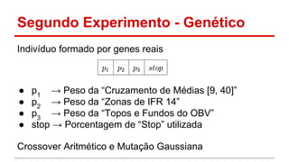 Segundo Experimento - Genético 
Indivíduo formado por genes reais 
● p1 → Peso da “Cruzamento de Médias [9, 40]” 
● p2 → Peso da “Zonas de IFR 14” 
● p3 → Peso da “Topos e Fundos do OBV” 
● stop → Porcentagem de “Stop” utilizada 
Crossover Aritmético e Mutação Gaussiana 
 