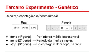 Terceiro Experimento - Genético 
Duas representações experimentadas 
Real Binária 
● mme (1º gene) → Período da média exponencial 
● mms (2º gene) → Período da média simples 
● stop (3º gene) → Porcentagem de “Stop” utilizada 
 
