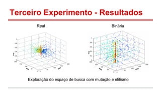 Terceiro Experimento - Resultados 
Real Binária 
Exploração do espaço de busca com mutação e elitismo 
 