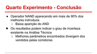 Quarto Experimento - Conclusão 
● Operador NAND aparecendo em mais de 90% dos 
melhores indíviduos 
○ Baixa aparição do AND 
● Os resultados podem indicar o grau de incerteza 
existente na Análise Técnica 
○ Melhores parâmetros encontrados divergem dos 
vendidos pelas corretoras 
 