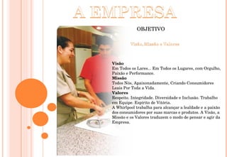 Visão Em Todos os Lares... Em Todos os Lugares, com Orgulho, Paixão e Performance. Missão Todos Nós, Apaixonadamente, Criando Consumidores Leais Por Toda a Vida. Valores Respeito. Integridade. Diversidade e Inclusão. Trabalho em Equipe. Espírito de Vitória. A Whirlpool trabalha para alcançar a lealdade e a paixão dos consumidores por suas marcas e produtos. A Visão, a Missão e os Valores traduzem o modo de pensar e agir da Empresa. OBJETIVO 