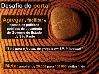 Meta:  ampliar de  20.000  para  100.000  visitas/mês Desafio do  portal Agregar  e  facilitar  o  acesso as políticas  públicas de Juventude  do Governo do Estado  de São Paulo “ Se é para o jovem, de graça e em SP, interessa!” 