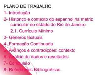 PLANO DE TRABALHO
1- Introdução
2- Histórico e contexto do espanhol na matriz
    curricular do estado do Rio de Janeiro
    2.1. Currículo Mínimo
3- Gêneros textuais
4- Formação Continuada
5- Avanços e contradições: contexto
6- Análise de dados e resultados
7- Conclusão
8- Referências Bibliográficas
 