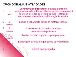 CRONOGRAMA E ATIVIDADES
                Levantamento bibliográfico e apoio teórico em
1    1      pesquisadores de políticas públicas, ensino de espanhol
    mês        no Brasil, estudos de gênero textual e diferentes
               documentos prescritivos da Educação Brasileira.

2     2         Leitura e fichamento crítico do material teórico.
    meses
3     2                Levantamento de dados da etapa
    meses                  documental e qualitativa.
4     2           Análise dos dados gerados pela pesquisa.
    meses
5     4        Elaboração, escrita e organização da monografia.
    meses

6                           Defesa da monografia.
 