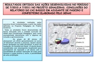 Resultados obtidos das ações desenvolvidas no período de 7/2010 a 7/2011 no Projeto Sinaleiras. Conclusões do  Relatório do CAI Básico em Ajudante de Padeiro e Confeiteiro elaborado pelo SENAIAs atividades realizadas pelos parceiros foram fundamentadas a partir das ações definidas na Proposta Pedagógica do Projeto Sinaleiras. Todas as atividades foram desenvolvidas de forma articulada com a unidade curricular do SENAI pela Coordenação Pedagógica, bem como acompanhada diariamente com o objetivo de inclusão e aprimoramento. 	Do grupo de 80 alunos, 23 alcançaram um ótimo aproveitamento no curso, 14 desistiram durante o processo. Quatro alunos foram desligados por falta disciplinar. A partir da avaliação, no Conselho de Classe, 15 alunos foram considerados com desempenho insuficiente para participarem da reposição e 24 alunos com a possibilidade de realizar reposições de aulas para alcançar a carga horária e, assim, a possibilidade de uma certificação