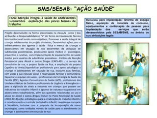 SMS/SESAB: “AÇÃO SAÚDE”Foco: Atenção integral à saúde de adolescentes submetidos  exploração das piores formas de trabalhoDemandas para implantação: reforma do espaço fisíco, aquisição de materiais de consumo, equipamentos e contratação de pessoal para implantação dos  serviços que serão desenvolvidos pela SESAB/SMS, no âmbito de sus atribuições legaisProjeto desenvolvido na forma preconizada na cláusula  sexta [ Das atribuições e Responsabilidades}, “d” do Termo de Cooperação Técnica Interinstitucional tendo como objetivos; Promover a saúde integral de crianças adolescentes do projeto sinaleiras; Desenvolver ações para o enfrentamento dos agravos à saúde  física e mental de crianças e adolescentes em situação de rua decorrentes da utilização de substâncias psicotrópicas, propiciando apoio médico e  psicológico, preventivo e curativo,  com implementação de equipamentos de saúde mental para usuários de substâncias psicoativas - Centros de Atenção Psicossocial para Álcool e outras Drogas (CAPS-AD) -, o serviço de consultório de rua, o projeto Saúde na Rua, e ampliação do projeto Capitães da Areia;Disponibilizar profissionais para apoio psicológico a crianças e adolescentes em situação de rua, inclusive suas famílias, com vistas à sua inclusão social e reagrupação familiar e comunitária; Capacitar as equipes de saúde – profissionais da Estratégia de Saúde da Família (ESF), Agentes Comunitários de Saúde (ACS), profissionais das Unidades Básicas de Saúde e profissionais de Urgência e Emergência – para a vigilância de sinais e sintomas em crianças que possam ser indicativos do trabalho infantil e agravos de natureza ocupacional em adolescentes trabalhadores, além das questões relacionadas ao uso e abuso de álcool e outras drogas; Incluir no Plano Municipal de Saúde (2010-2013) ações estratégicas para a erradicação do trabalho infantil e o monitoramento e controle do trabalho infantil, naquilo que compete à Secretária, inclusive com a proposta de incorporação de novas tecnologias, como unidades móveis de saúde para o atendimento às crianças e adolescentes em situação de rua