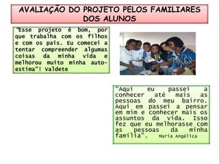 AVALIAÇÃO DO PROJETO PELOS FAMILIARES DOS ALUNOS“Esse projeto é bom, por que trabalha com os filhos e com os pais. Eu comecei a tentar compreender algumas coisas da minha vida e melhorou muito minha auto-estima”! Valdete“Aqui eu passei a conhecer até mais as pessoas do meu bairro. Aqui em passei a pensar em mim e conhecer mais os assuntos da vida. Isso fez que eu melhorasse com as pessoas da minha família”.Maria Angélica