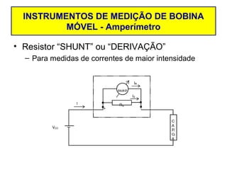 INSTRUMENTOS DE MEDIÇÃO DE BOBINA
          MÓVEL - Amperímetro

• Resistor “SHUNT” ou “DERIVAÇÃO”
  – Para medidas de correntes de maior intensidade
 