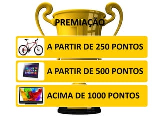 PREMIAÇÃO
A PARTIR DE 250 PONTOS
A PARTIR DE 500 PONTOS
ACIMA DE 1000 PONTOS
 