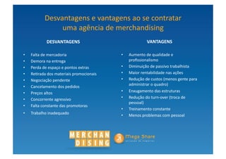 Desvantagens	
  e	
  vantagens	
  ao	
  se	
  contratar	
  
                    uma	
  agência	
  de	
  merchandising	
  
                DESVANTAGENS	
                                                VANTAGENS	
  

•    Falta	
  de	
  mercadoria	
                           •    Aumento	
  de	
  qualidade	
  e	
  
•    Demora	
  na	
  entrega	
                                  proﬁssionalismo	
  
•    Perda	
  de	
  espaço	
  e	
  pontos	
  extras	
      •    Diminuição	
  de	
  passivo	
  trabalhista	
  
•    Re?rada	
  dos	
  materiais	
  promocionais	
  	
     •    Maior	
  rentabilidade	
  nas	
  ações	
  
•    Negociação	
  pendente	
                              •    Redução	
  de	
  custos	
  (menos	
  gente	
  para	
  
                                                                administrar	
  o	
  quadro)	
  
•    Cancelamento	
  dos	
  pedidos	
  
•    Preços	
  altos	
                                     •    Enxugamento	
  das	
  estruturas	
  
•    Concorrente	
  agressivo	
                            •    Redução	
  do	
  turn-­‐over	
  (troca	
  de	
  
                                                                pessoal)	
  
•    Falta	
  constante	
  das	
  promotoras	
  
                                                           •    Treinamento	
  constante	
  
•    Trabalho	
  inadequado	
  	
  
                                                           •    Menos	
  problemas	
  com	
  pessoal	
  
 
