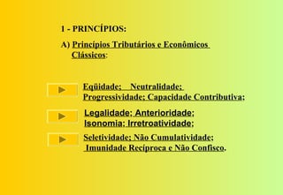 1 - PRINCÍPIOS:
A) Princípios Tributários e Econômicos
   Clássicos:


     Eqüidade; Neutralidade;
     Progressividade; Capacidade Contributiva;
      Legalidade; Anterioridade;
      Isonomia; Irretroatividade;
     Seletividade; Não Cumulatividade;
     Imunidade Recíproca e Não Confisco.
 