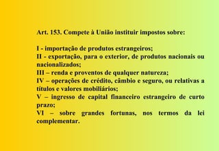 Art. 153. Compete à União instituir impostos sobre:

I - importação de produtos estrangeiros;
II - exportação, para o exterior, de produtos nacionais ou
nacionalizados;
III – renda e proventos de qualquer natureza;
IV – operações de crédito, câmbio e seguro, ou relativas a
títulos e valores mobiliários;
V – ingresso de capital financeiro estrangeiro de curto
prazo;
VI – sobre grandes fortunas, nos termos da lei
complementar.
 