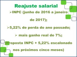 Reajuste salarial
INPC (junho de 2016 a janeiro
de 2017);
5,22% de perda do ano passado;
 mais ganho real de 7%;
(Proposta INPC + 5,22% escalonado
nos próximos cinco meses)
 