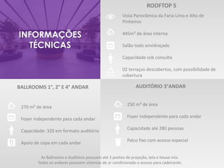 270 m² de área
Foyer independente para cada andar
Capacidade: 320 em formato auditório
Apoio de copa em cada andar
ROOFTOP 5
Vista Panorâmica da Faria Lima e Alto de
Pinheiros
445m² de área interna
Salão todo envidraçado
Capacidade sob consulta
02 terraços descobertos, com possibilidade de
cobertura
AUDITÓRIO 3°ANDAR
INFORMAÇÕES
TÉCNICAS
BALLROOMS 1°, 2° E 4° ANDAR
As Ballrooms e Auditório possuem até 3 pontos de projeção, tela e house mix.
Todos os andares possuem sistemas de ar condicionado e acesso para cadeirante.
250 m² de área
Foyer independente para cada andar
Capacidade até 280 pessoas
Palco fixo com acesso especial
 