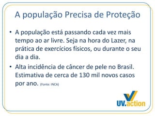 A população Precisa de Proteção
• A população está passando cada vez mais
tempo ao ar livre. Seja na hora do Lazer, na
prática de exercícios físicos, ou durante o seu
dia a dia.
• Alta incidência de câncer de pele no Brasil.
Estimativa de cerca de 130 mil novos casos
por ano. (Fonte: INCA)
 