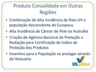Produto Consolidado em Outras
Regiões
• Combinação de Alta incidência de Raio UV e
população descendente de Europeus
• Alta Incidência de Câncer de Pele na Austrália
• Criação de Agência Nacional de Proteção a
Radiação para Certificação do índice de
Proteção dos Produtos
• Incentivo para a População se proteger através
do Vestuário
 