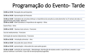 Programação do Evento- Tarde
13:00 as 13:30 - Recepção dos participantes
13:30 as 14:30 - Apresentação do Protocolo
13:30 as 13:40 - Calendário de consultas (reforçar a importância da consulta ou visita domiciliar na 1ª semana de vida e o
agendamento pelo HSJB) - Bettinne
13:40 as 14:00 - SOAP (fortalecer a importância do registro) – Silvia
Exame físico - Silvia
14:00 as 14:20 - Queixas mais comuns - Franciane
Uso de medicamentos - Franciane
Solicitação de exames laboratoriais - Franciane
14:20 as 14:30 - Introdução alimentar – Ana
14:30 as 15:00 - discussão dos casos clínicos
15:00 as 15:30 - apresentação e discussão dos casos pelos grupos
15:30 as 16:00 - avaliação da capacitação – Metodologia: distribuição de tarjetas verde: o que foi bom; amarelo: o que
precisa melhorar e vermelho: o que não foi bom/propostas/sugestões
 