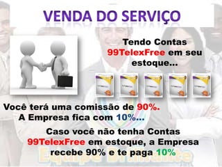 Tendo Contas
                   99TelexFree em seu
                        estoque...




Você terá uma comissão de 90%.
   A Empresa fica com 10%...
       Caso você não tenha Contas
    99TelexFree em estoque, a Empresa
        recebe 90% e te paga 10%
 