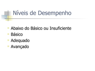 Níveis de Desempenho   Abaixo do Básico ou Insuficiente Básico Adequado Avançado 